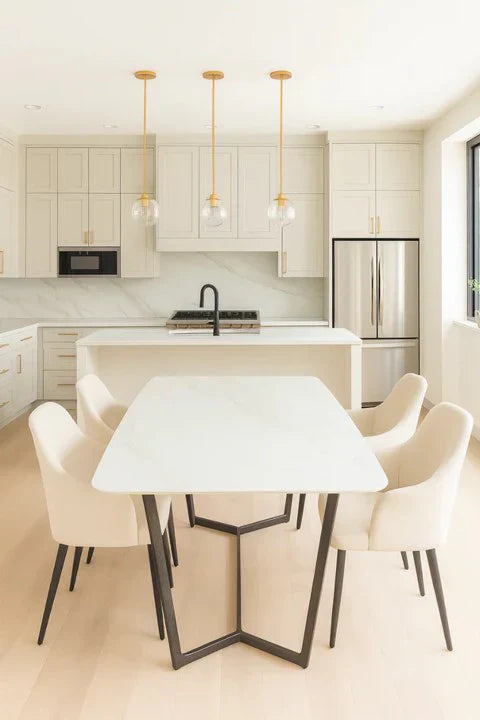 Modern white dining table in bright kitchen diner
