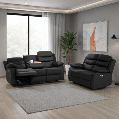 Roma 3+2 Electric Recliner Suite Black Faux Leather