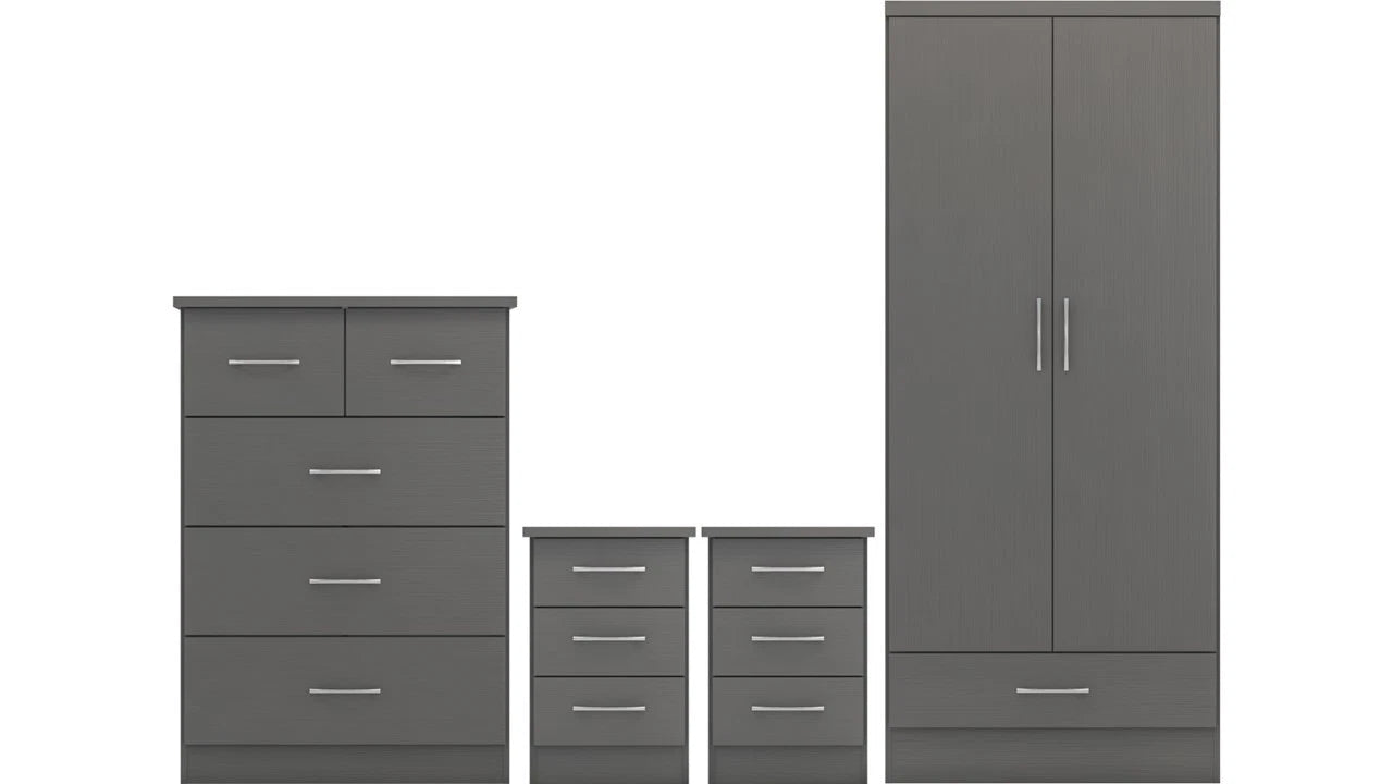 Nevada 2 Door 1 Drawer Wardrobe 4 Piece Bedroom Trio Set 3D Grey Effect